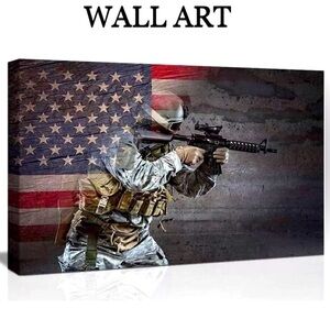 WALL ART Retro USA American Flag/US Military Soldier Canvas Print size12x16 NWT